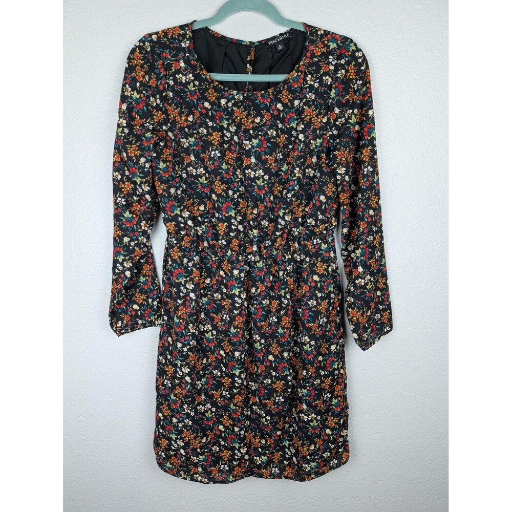 J.Crew Mercantile Dress Womens 4 Black Floral Long Sleeve Elastic Waist A-Line